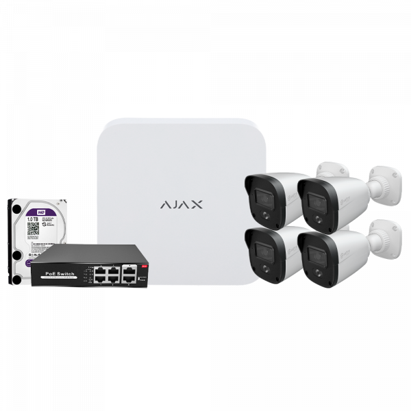 Kit de videovigilancia Ajax - Grabador Ajax de 8 canales   - 4 cámaras bullet de 4 Mpx Safire Smart  - Switch PoE de 4 canales - Un disco duro de 1 TB - Integración por ONVIF