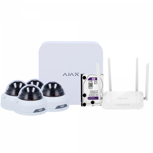 Kit de videovigilancia Ajax - Grabador Ajax de 8 canales   - 4 cámaras turret WiFi de 2 Mpx Uniview - Router WiFi de 4 puertos - Un disco duro de 1 TB - Integración por ONVIF