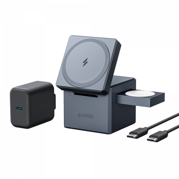 Anker - Cargador inalámbrico 3 en 1 - Tecnología Magsafe - Carga rápida para iPhone, Airpods y Apple Watch - Acepta modo vertical o horizontal - Carga 3 dispositivos a la vez