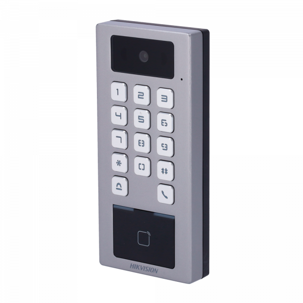 Control de acceso con cámara - Tarjeta MF/MF DESFire, QR y PIN - 10.000 usuarios | 300.000 registros - TCP/IP, WiFi, RS485 y Wiegand | IP65 y IK09 - Controladora integrada (sensor, pulsador y relé) - iVMS-4200 | Hik-Connect