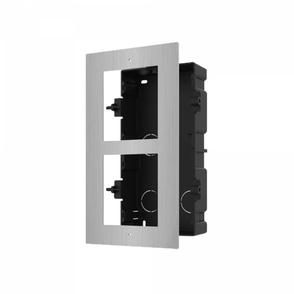 Panel frontal y caja de registro encastrada - Hasta 2 módulos - Específica para videoporteros Hikvision - Compatible con módulos Hikvision - Caja fabricado en plástico - Panel fabricado en acero inoxidable