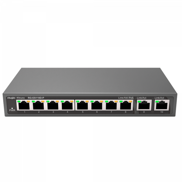 Reyee Switch PoE Sobremesa - Carcasa Metal - 8 puertos RJ45 10/100 Mbps + 2 Uplink Gigabit - 8 Puertos PoE+ 802.3af/at | Potencia total 110W - Plug and Play - Tecnología ahorro de energía