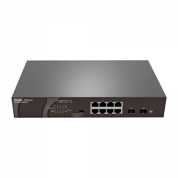 Reyee Switch PoE Sobremesa - 8 Puertos RJ45 + 2 Uplink SFP - 8 Puertos Gigabit + 2 Puertos Gigabit - 8 Puertos PoE+ 802.3af/at | Potencia total 120W - Aislado de Puertos / Flow Control - Incluye anclajes para Rack