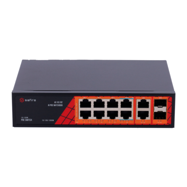 Safire Switch Hi-PoE - 8 puertos PoE + 2 SFP + 2 RJ45 - Velocidad de puertos Gigabit 10/100/1000Mbps - 6 Puertos PoE+ 30W + 2 Puertos Hi-PoE 60W - PoE Watchdog - Hasta 120W Potencia PoE total