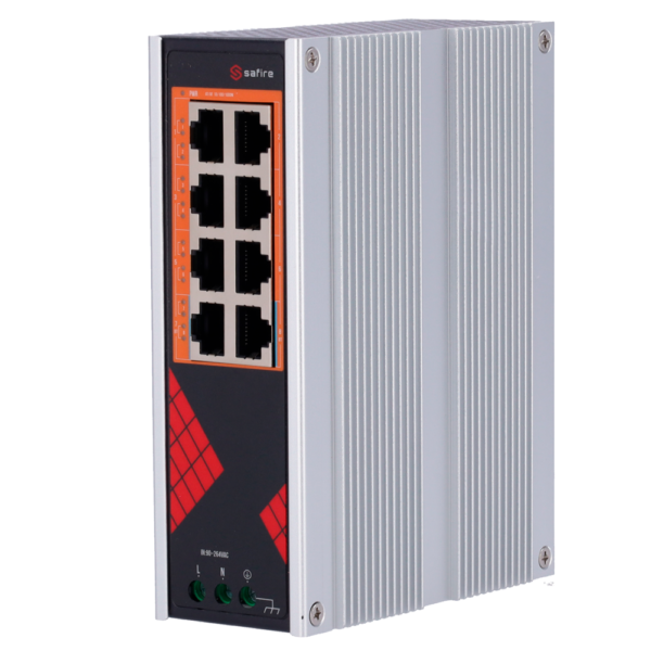 Safire Switch Industrial Alimentación AC 90~264V - 8 puertos Gigabit 10/100/1000Mbps - 6 Puertos PoE+ 30W + 2 Puertos Hi-PoE 60W - PoE Watchdog - Hasta 130W Potencia PoE total - Instalación carril DIN