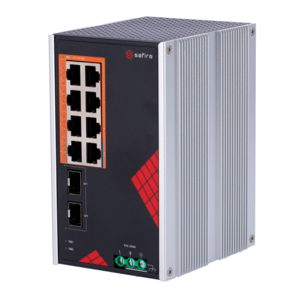 Safire Switch Industrial Alimentación AC 90~264V - 8 puertos Gigabit + 2 SFP Gigabit - 6 Puertos PoE+ 30W + 2 Puertos Hi-PoE 60W - PoE Watchdog - Hasta 130W Potencia PoE total - Instalación carril DIN