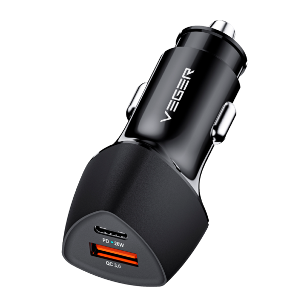 VEGER - Mechero coche - Potencia 38W - Carga rápida 20W - Salidas USB-C, USB-A - Color negro