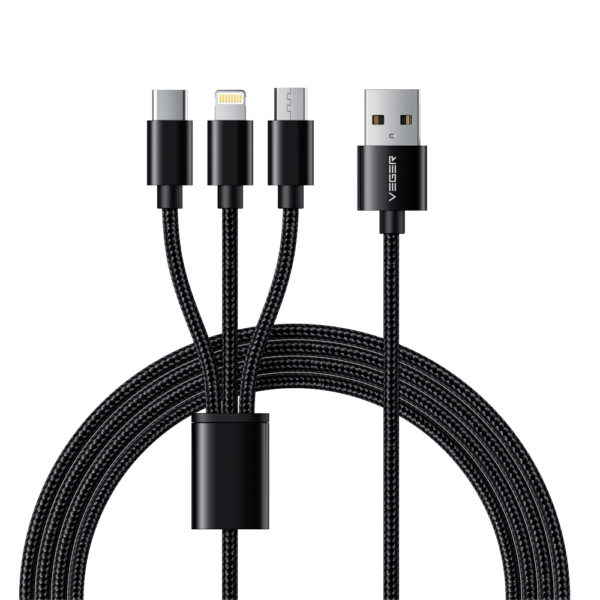 Veger -  Cable USB 3 en 1 - USB-A a USB-C, Lightning y Micro-USB - Cubierta de metal, Nylon trenzado  - Longitud 1.5m