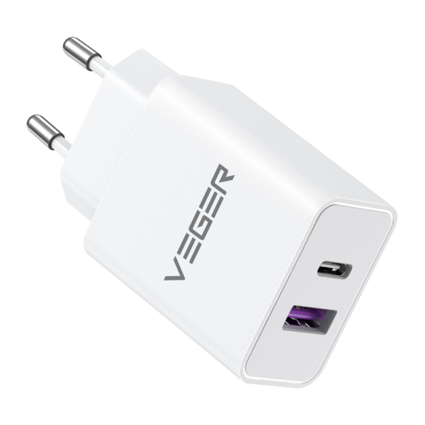 VEGER - Cargador USB - Potencia 30W - Carga rápida  - Salidas USB-A (QC3.0), USB-C (PD3.0) - Color blanco