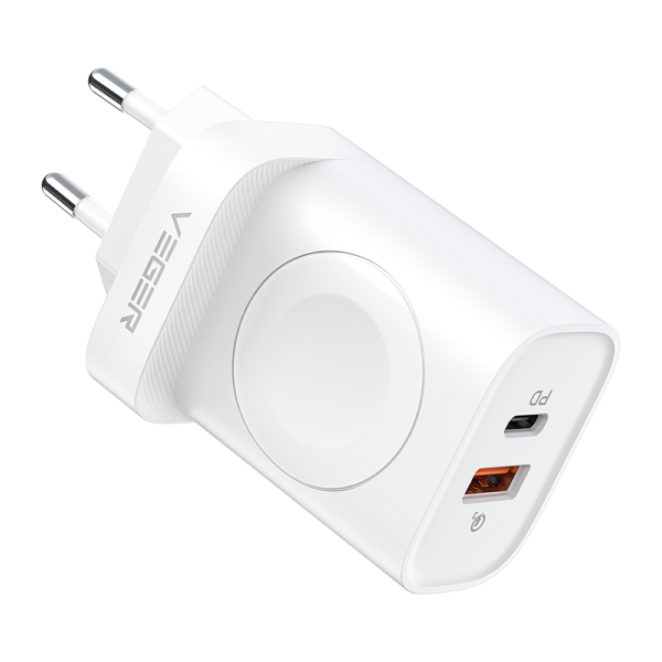 VEGER - Cargador inalambrico - Potencia 25W - Carga rápida 22.5W - Salidas 1USB-A ,1 USB-C y inalámbrica iWatch - Color blanco