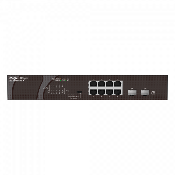 Reyee Switch PoE Sobremesa - 8 Puertos RJ45 + 2 Uplink SFP - 8 Puertos Gigabit + 2 Puertos Gigabit - 8 Puertos PoE+ 802.3af/at | Potencia total 120W - Aislado de Puertos / Flow Control - Incluye anclajes para Rack - Imagen 2