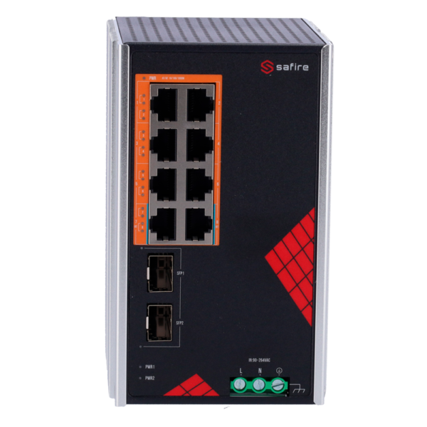 Safire Switch Industrial Alimentación AC 90~264V - 8 puertos Gigabit + 2 SFP Gigabit - 6 Puertos PoE+ 30W + 2 Puertos Hi-PoE 60W - PoE Watchdog - Hasta 130W Potencia PoE total - Instalación carril DIN - Imagen 2