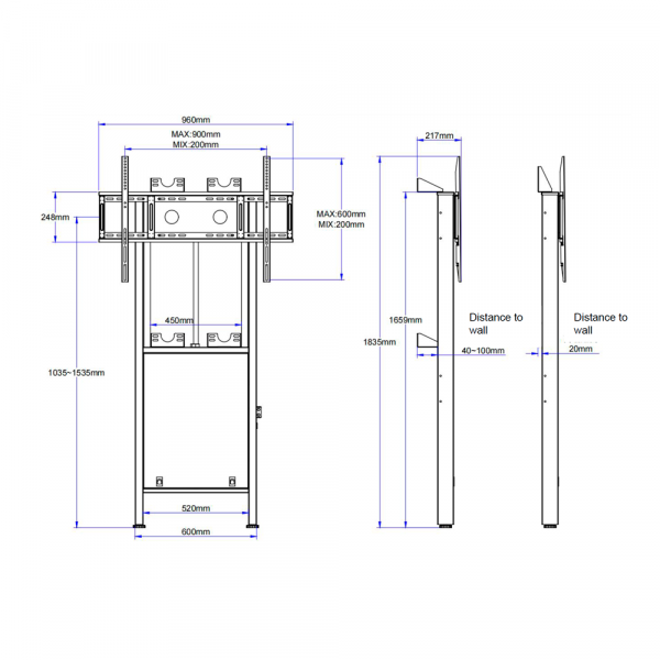 Soporte a suelo y pared motorizado - Altura ajustable - Hasta 86" - Max peso 100Kg - VESA máx 900 x 600mm - Imagen 10